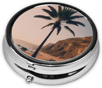 ZhongGuo Ocean Palm Tree Printed Pill Organizer,Round Travel Pill Organizer Mini Medicine Pill Box for Purse Iron Plating
