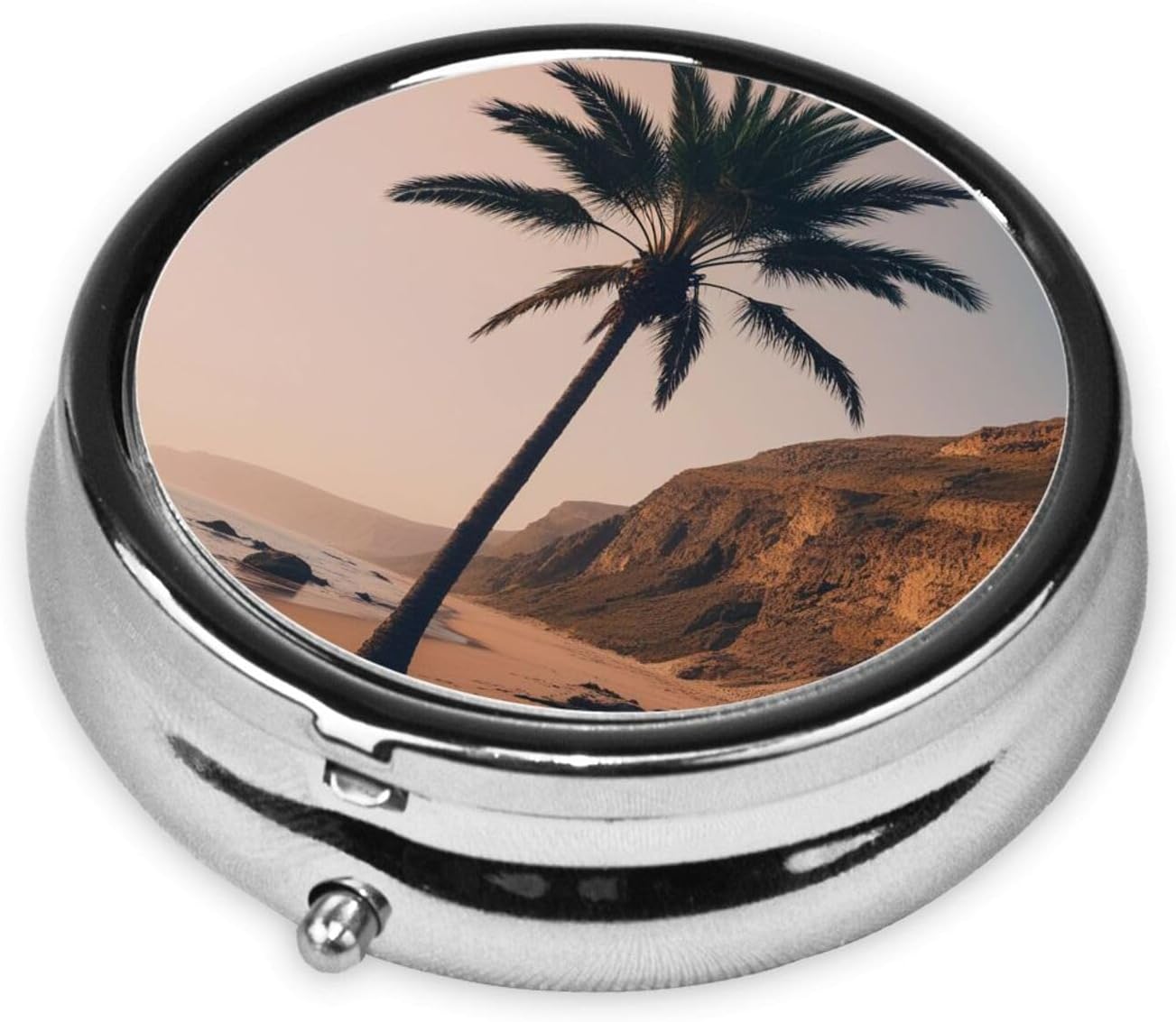 ZhongGuo Ocean Palm Tree Printed Pill Organizer,Round Travel Pill Organizer Mini Medicine Pill Box for Purse Iron Plating