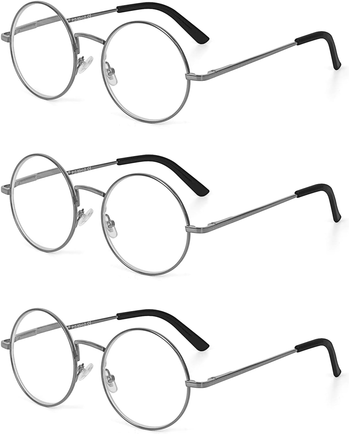 Metal Frame Round Reading Glasses with Spring Hinge (Black, Silver and Gunmetal)
