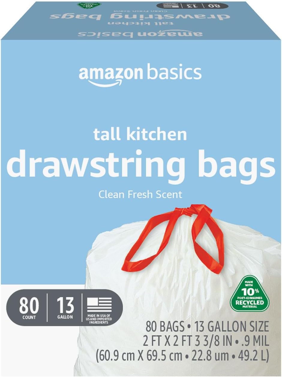 Amazon Basics 13 Gallon Tall Kitchen Drawstring Trash Bags, Clean Fresh Scent, 10% Post Consumer Recycled Material, 80 Count