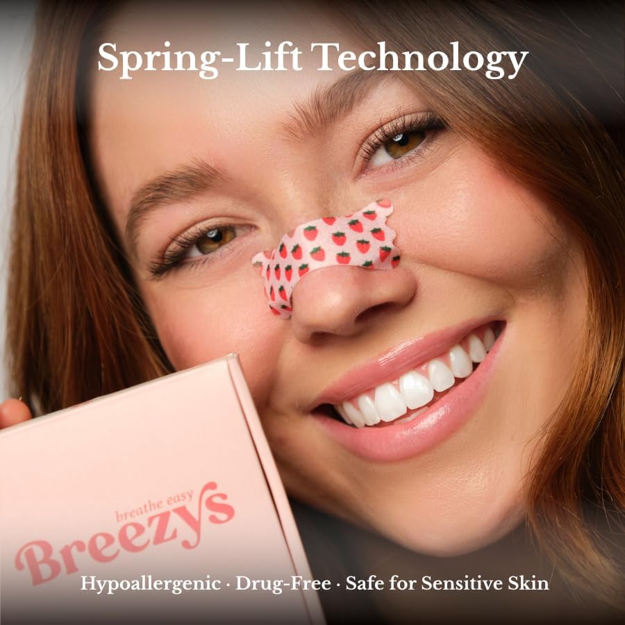Breezys Nasal Strips | Cute Nose Breathing Tape for Better Sleep, Anti Snoring Solution, Nasal Congestion Relief - Extra Strength and Comfortable Universal Fit | 25 Ct (Strawberries and Cream)