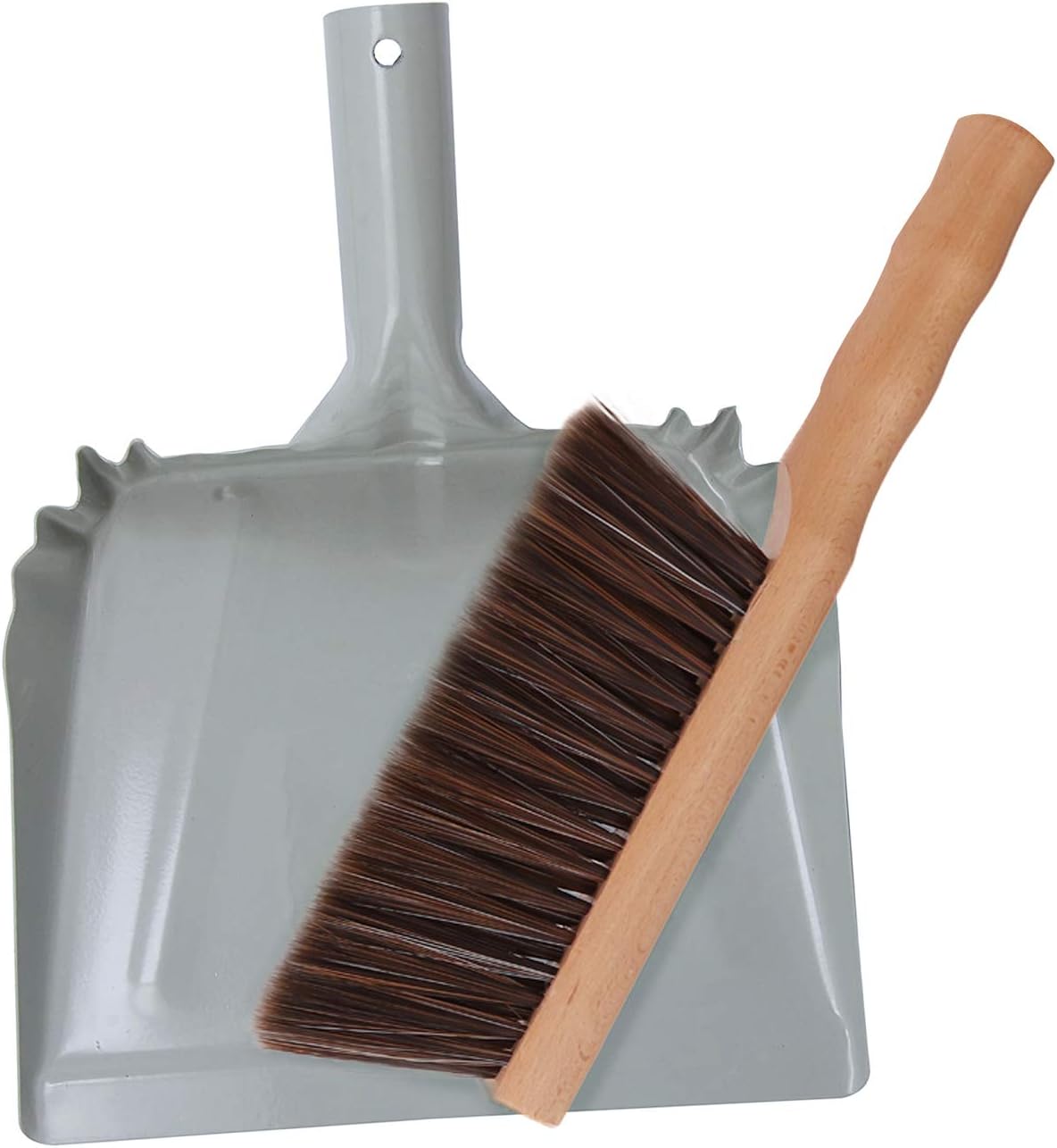 Metal Dust Pan and Brush Set Soft Bristle Wooden Broom Heavy Duty for Fireplace, Garage, Workshop