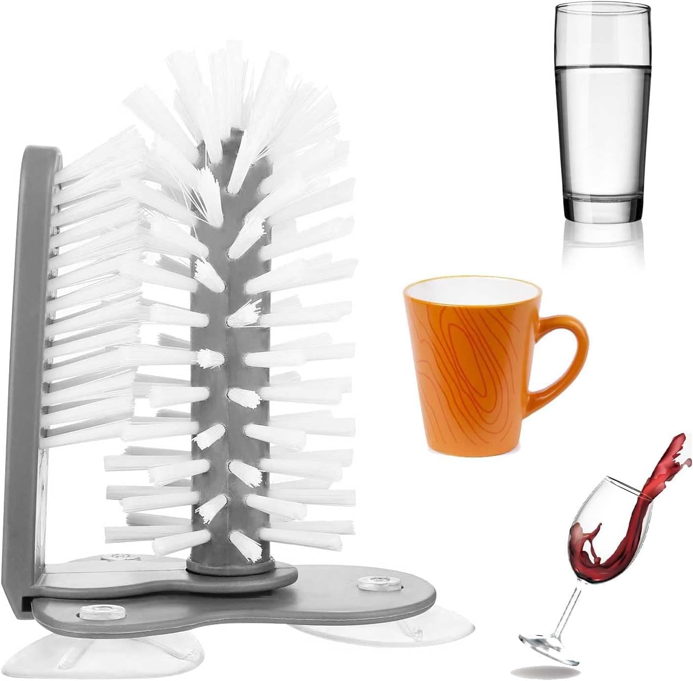 Jerliflyer Wall Suction Cup Washing Brush, Bar Glass Washer for Sink with Strong Base 360° Cleaning Cups Bottles Brush (Gray)