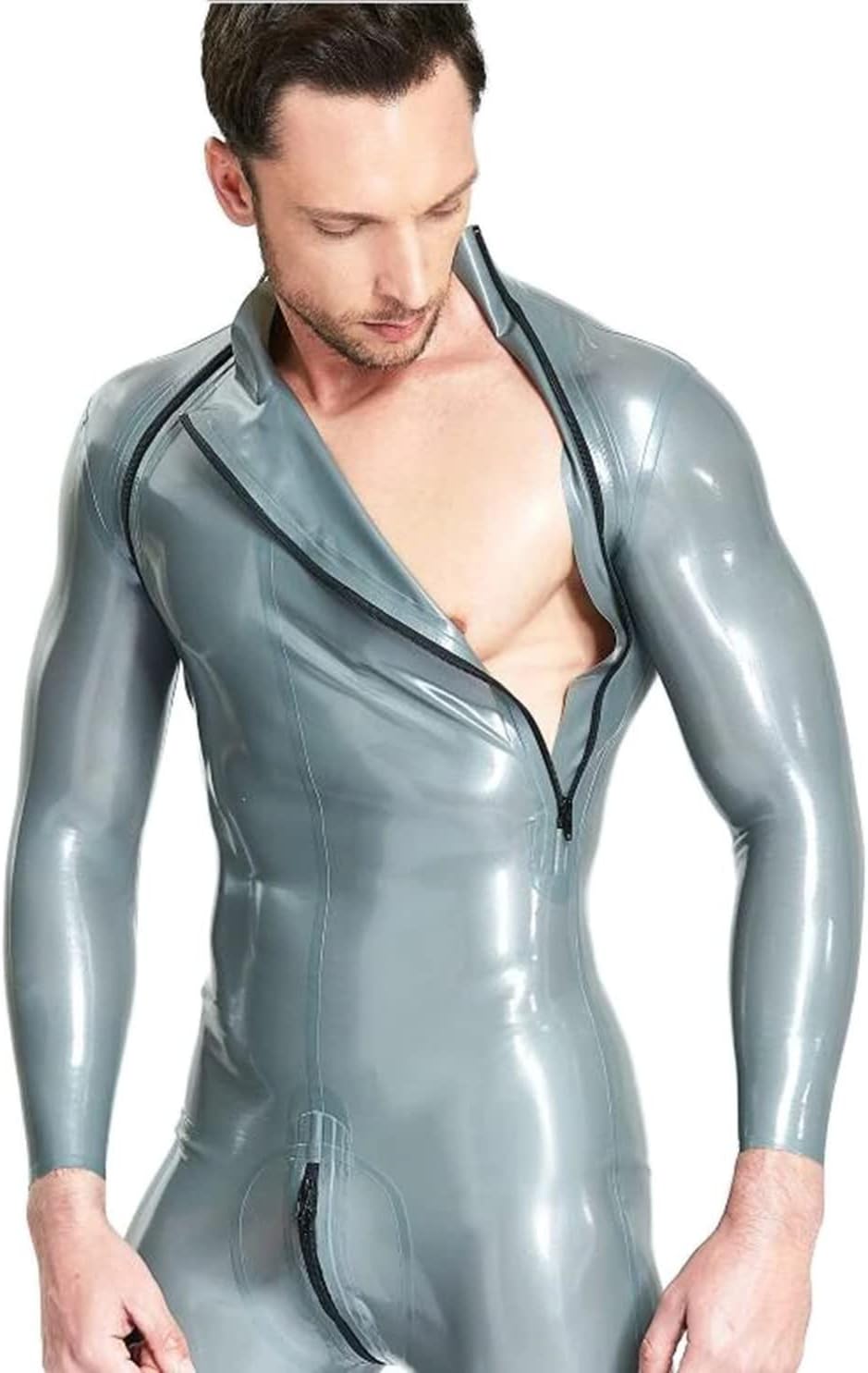 Male Latex Rubber Shoulder-Zip Catsuit Double-Diagonal Zipper Bodysuits Jumpsuit Party Club Wear
