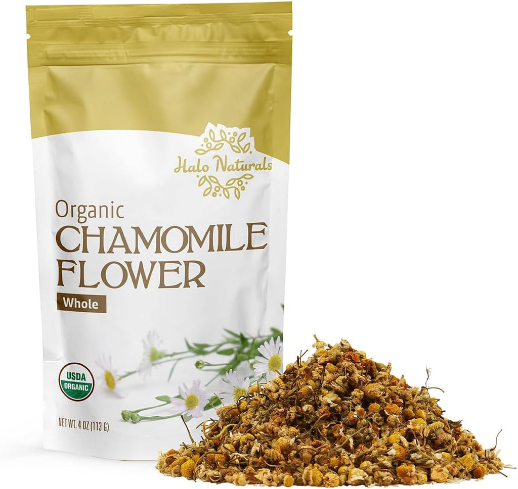 Organic Chamomile Flower Whole Tea, 4 Ounces (Matricaria recutita) USDA Certified | Resealable Pouch| Packaged in The USA (Pack of 1)