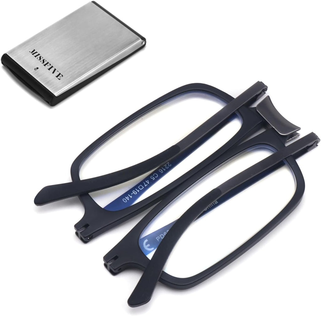Missfive Premium Folding Reading Glasses Blue Light Blocking for Men Women, Ultra Thin Foldable Portable Travel Readers with Durable Pocket Metal Case, Black Lightweight Compact Eyewear 2.25x