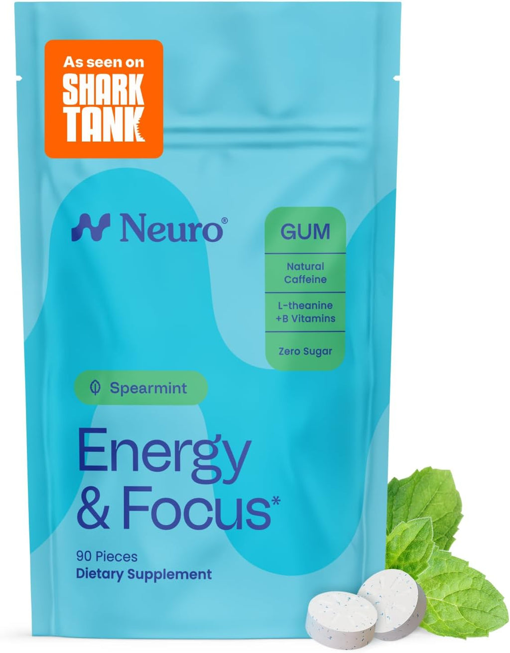 Neuro Energy & Focus Gum - 40mg Natural Caffeine Gum & Nootropic Energy Supplement with L-Theanine & B Vitamins - Sugar Free, Vegan - Spearmint, 90ct