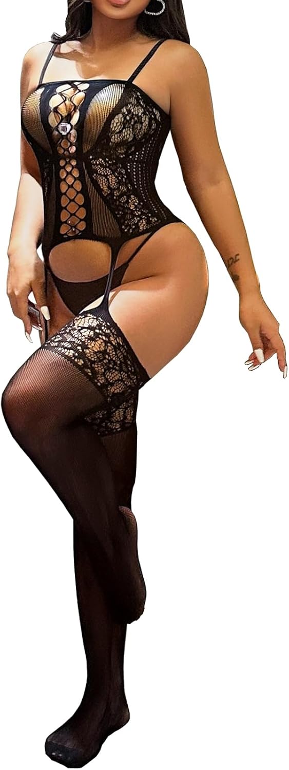 XIUSEMY Women Sexy Bodystocking One Piece Badydoll Fishnet Lingerie Nightwear Plus Size
