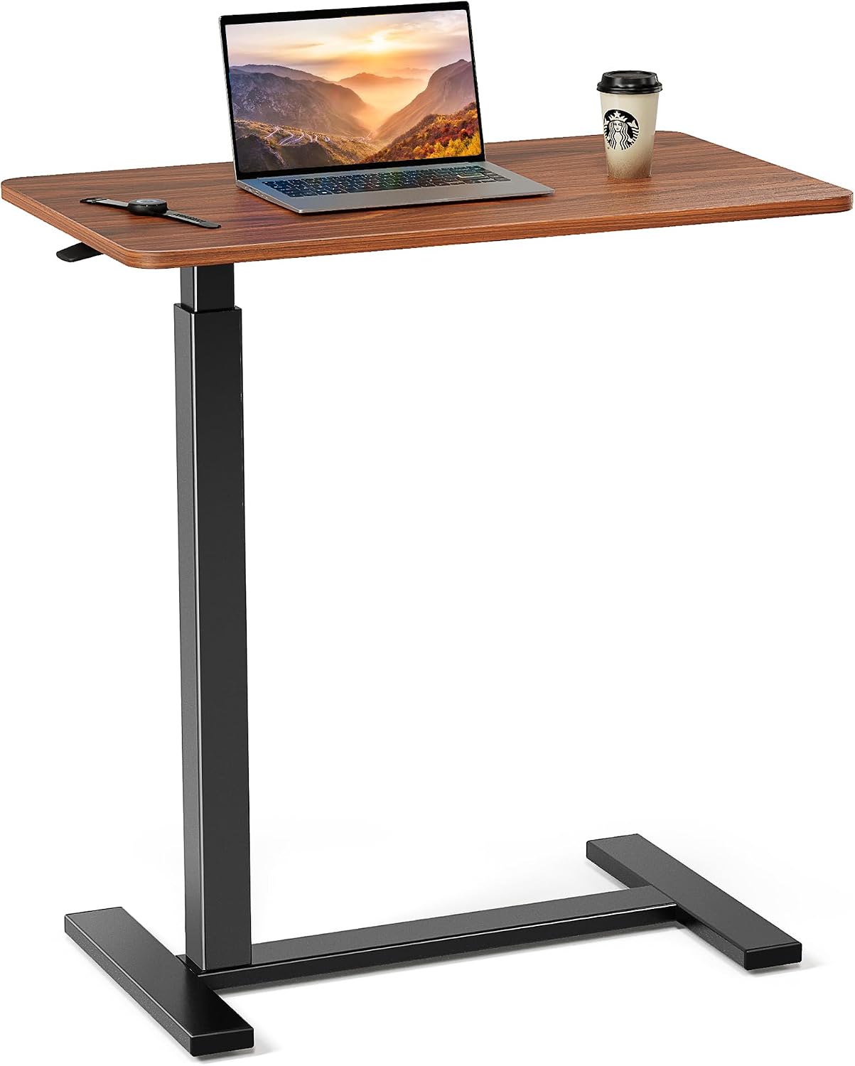 Adjustable Overbed Bedside Table,Pneumatic Mobile Laptop Computer Standing Desk Cart with Tray, Hospital and Home Use,Brown (Brown)