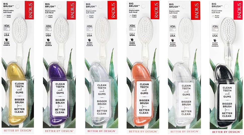RADIUS Big Brush with Replaceable Head BPA Free & ADA Accepted Toothbrush Designed to Improve Gum Health & Reduce Gum Issues - Right Hand - Assorted - Pack of 6