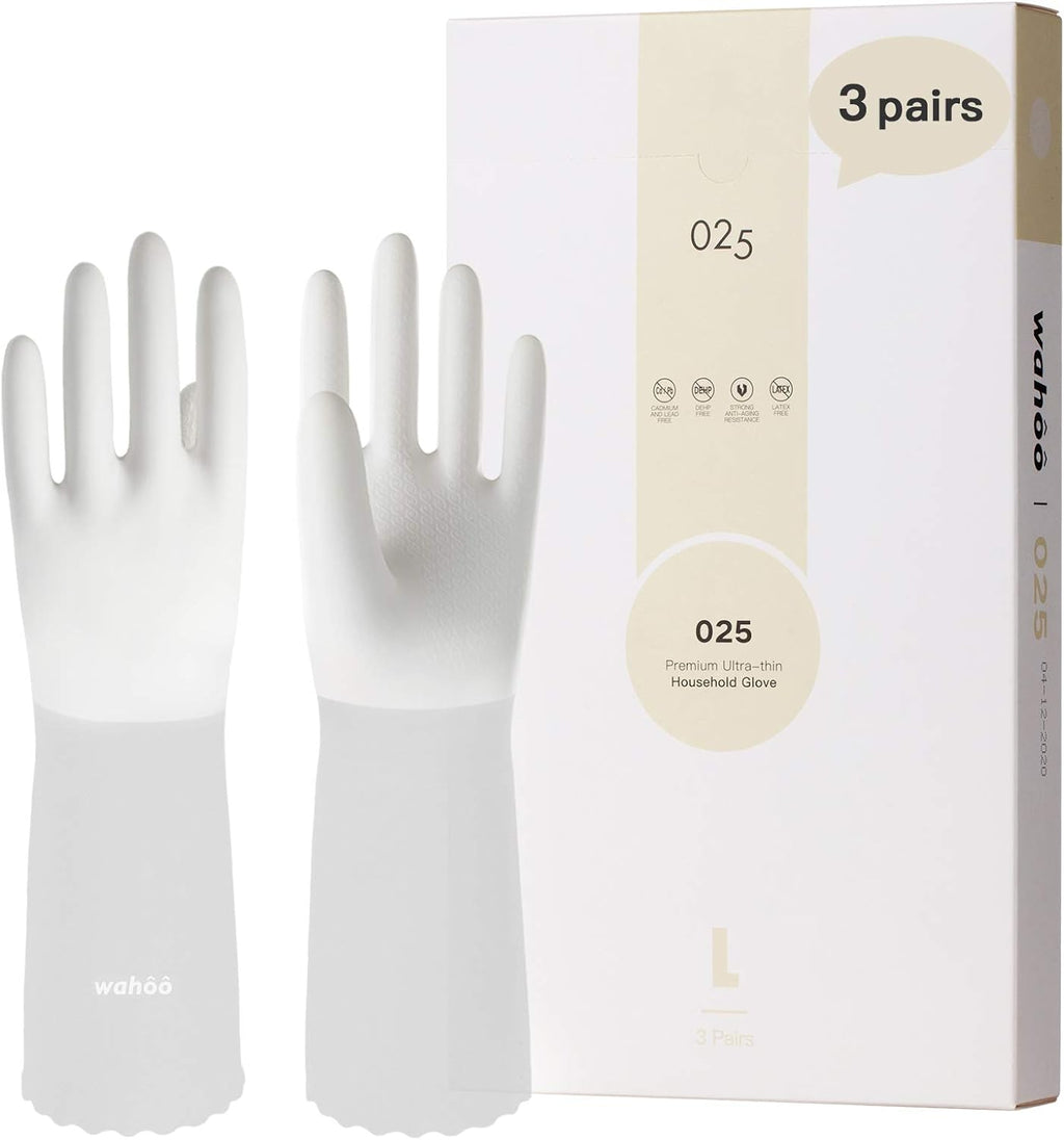 LANON 3 Pairs wahoo Skin-Friendly Cleaning Gloves, Unlined Dishwashing Kitchen Gloves, Reusable, Non-Slip, Brilliant White, Medium
