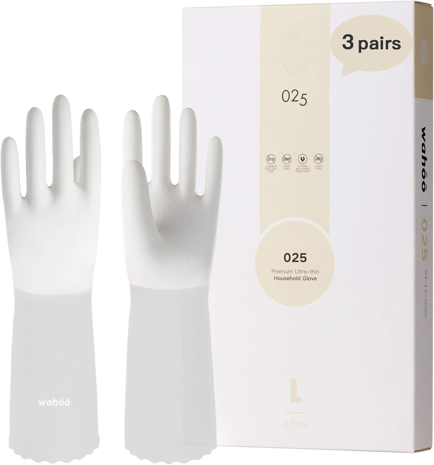 LANON 3 Pairs wahoo Skin-Friendly Cleaning Gloves, Unlined Dishwashing Kitchen Gloves, Reusable, Non-Slip, Brilliant White, Medium