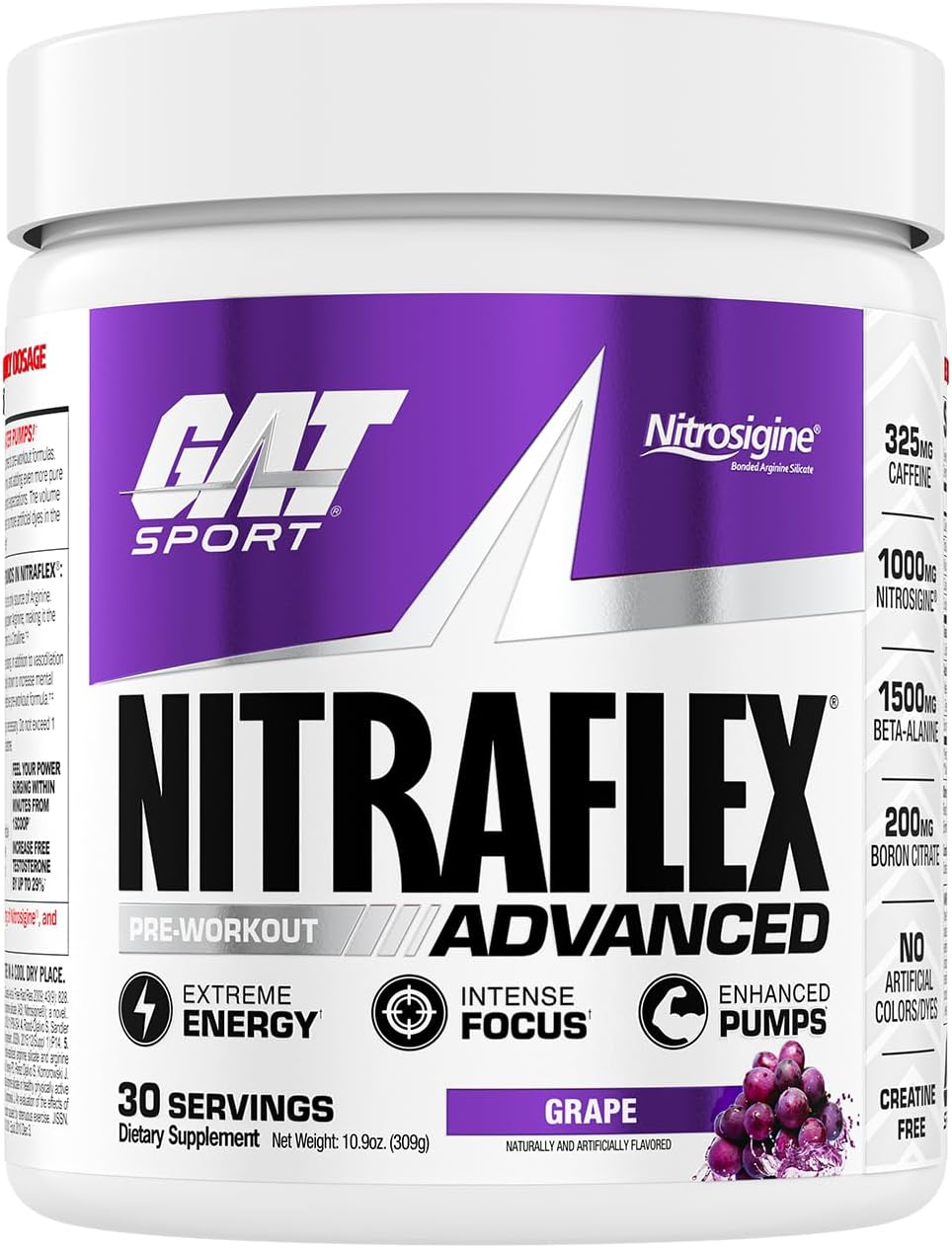 GAT SPORT, Nitraflex Advanced Pre-Workout Powder, Increases Blood Flow, Boosts Strength and Energy, Improves Exercise Performance (Grape, 30 Servings)
