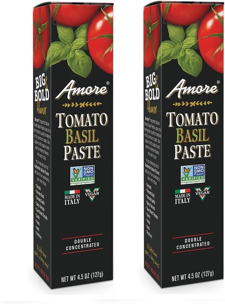 Amore Vegan Basil Tomato Paste In A Tube (4.5oz) - Non GMO Certified and Made In Italy (2 pack)