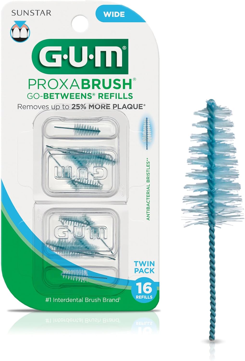 GUM Proxabrush Go-Betweens Refills - Wide - Compatible with GUM Permanent Handle - Reusable Interdental Brushes - Soft Bristled Dental Picks, 16 Count