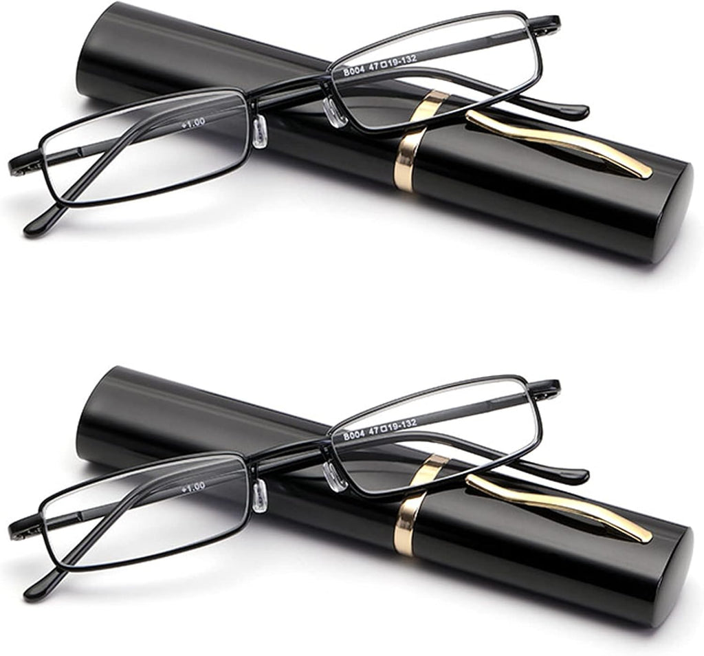 Viseng Slim Mini Metal Reading Glasses Compact Lightweight Portable Readers with Glasses Case for Reading Case,Black+Black+2.5