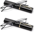 Viseng Slim Mini Metal Reading Glasses Compact Lightweight Portable Readers with Glasses Case for Reading Case,Black+Black+1.5