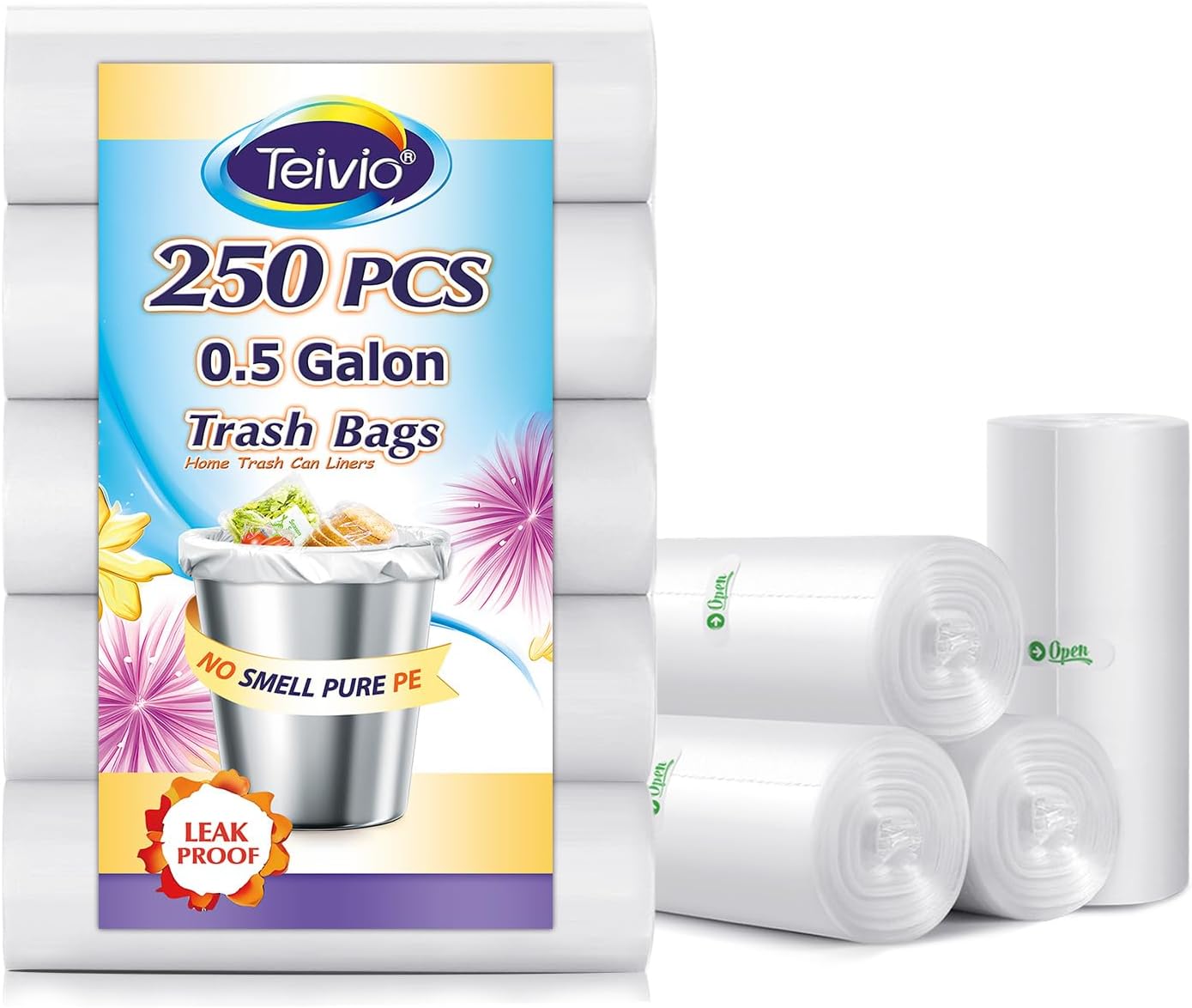0.5 Gallon Mini 11" x 12" Trash Bags, Tiny Bathroom Garbage Can Liners by Teivio, Small Plastic Bags for Desktop Trash Bin/Dog/Poop Car, Fit 2 Liters or Less Can (250 Counts, Clear)