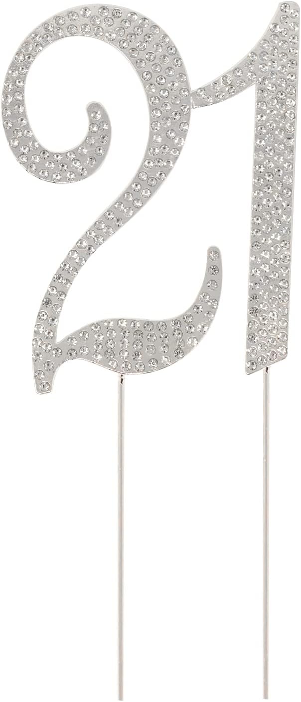Honbay 21 Birthday Cake Topper Sparkly Bling Alloy Crystal Rhinestones Cake Topper Cake Decoration for 21th Birthday or Anniversary Party (Silver)