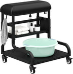 Adjustable Pedicure Foot Rest with 3-Level Height, PU Cushion, Storage & Locking Wheels, Mobile Pedicure Cart Foot Bath Trolley for Foot Bath, Salon & Spa (Black)