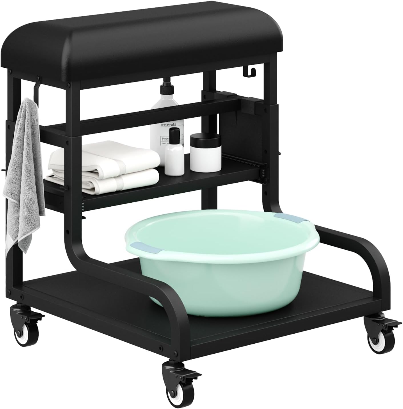 Adjustable Pedicure Foot Rest with 3-Level Height, PU Cushion, Storage & Locking Wheels, Mobile Pedicure Cart Foot Bath Trolley for Foot Bath, Salon & Spa (Black)