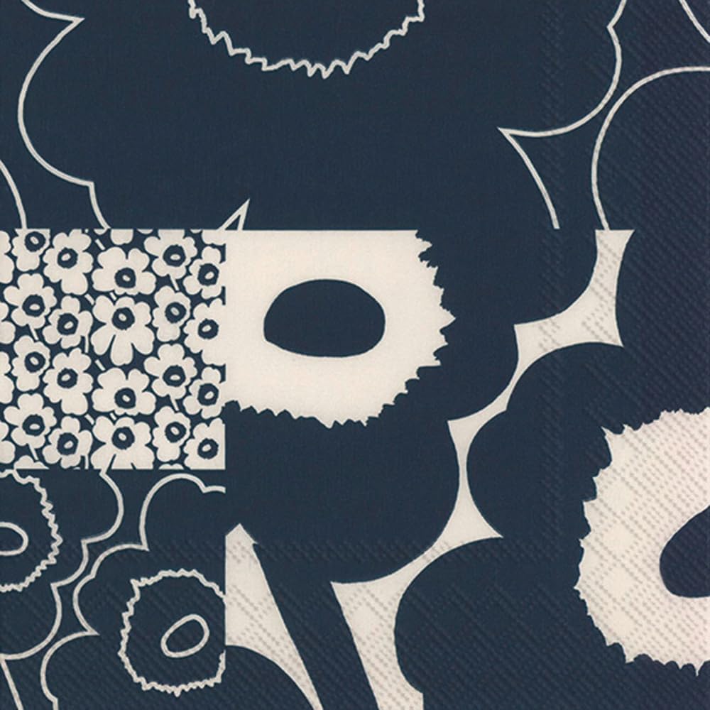 IHR Ideal Home Range Cocktail Napkins Marimekko Disposable 3-Ply Paper Party Napkin Pack, 5" x 5", Unikko Kollaasi (Dark Blue), 20-Count