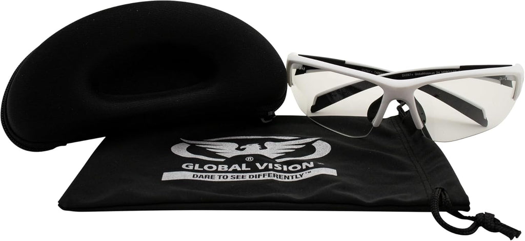 Global Vision Hercules 7 24-Hour Safety Sunglasses Photochromic w/Black Zipper Case and Microfiber Pouch White Frame Clear to Smoke Lens