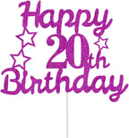 Happy 20th Birthday Cake Toppers Purple Glitter, Cheers to 20 Years Old Bday Decoration 20th Anniversary Cake Topper, Twenty Theme Cake Decorations for Birthday Anniversary Party
