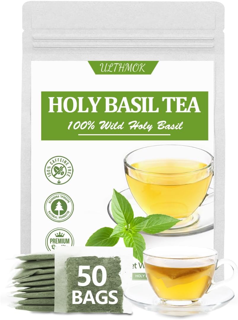 Premium 50 Holy Basil Tea Bags, Made with 100% Natural Tulsi Wild Holy Basil Leaves, No Additives & Caffeine Free.