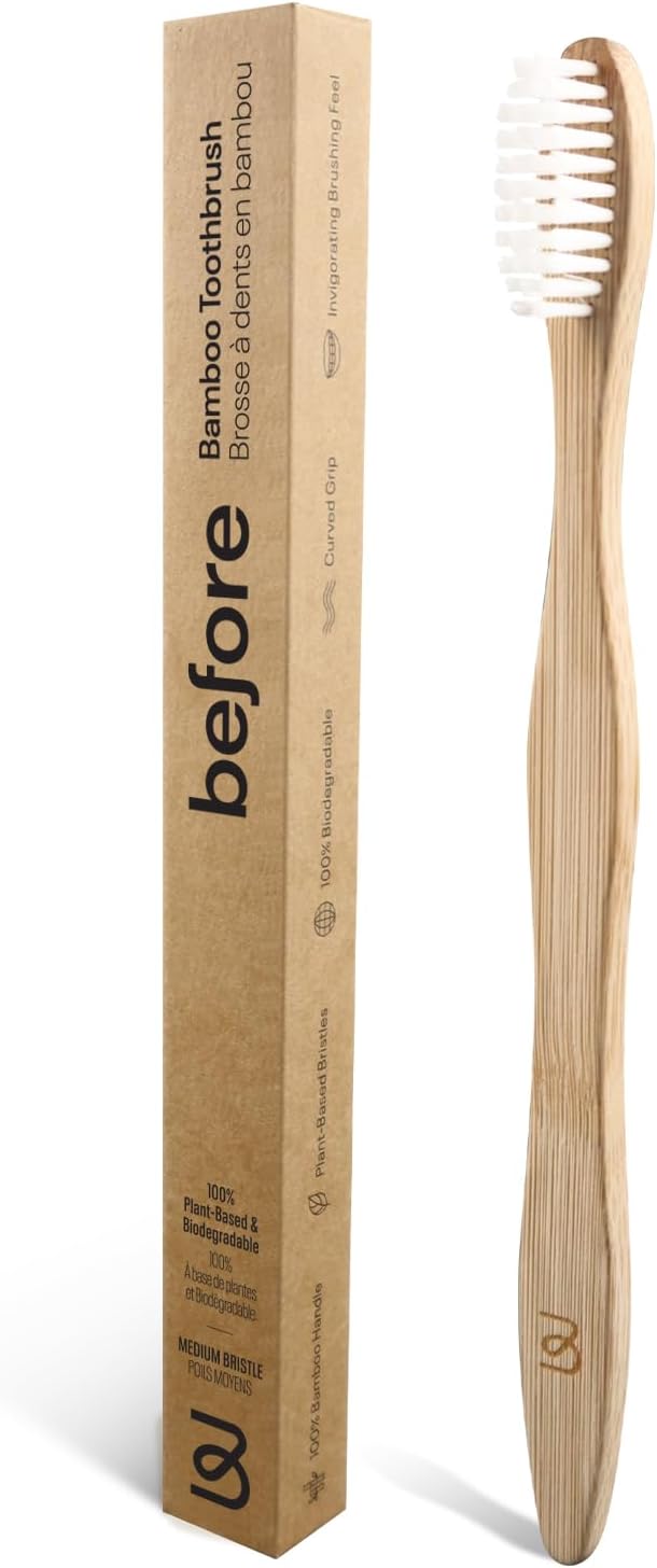 Before | Bamboo Toothbrush | 100% Biodegradable, All Natural Bamboo Handle & Plant-Based Soft Bristles, Recyclable & Compostable Cardboard Packaging, Brush Helps Improve Oral Health