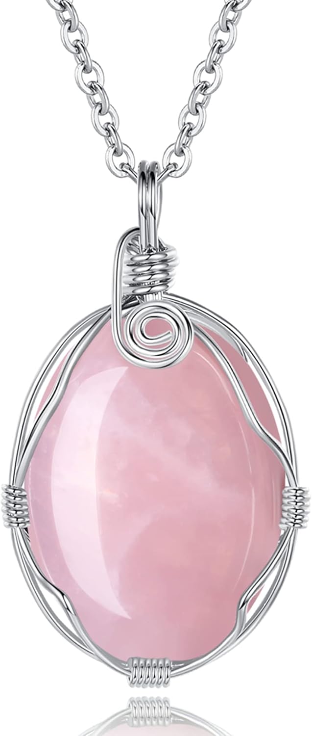 XIANNVXI Healing Crystal Necklace Wire Wrapped Oval Stone Gemstone Pendant Necklaces Natural Spiritual Reiki Witchcraft Quartz Jewelry for Women