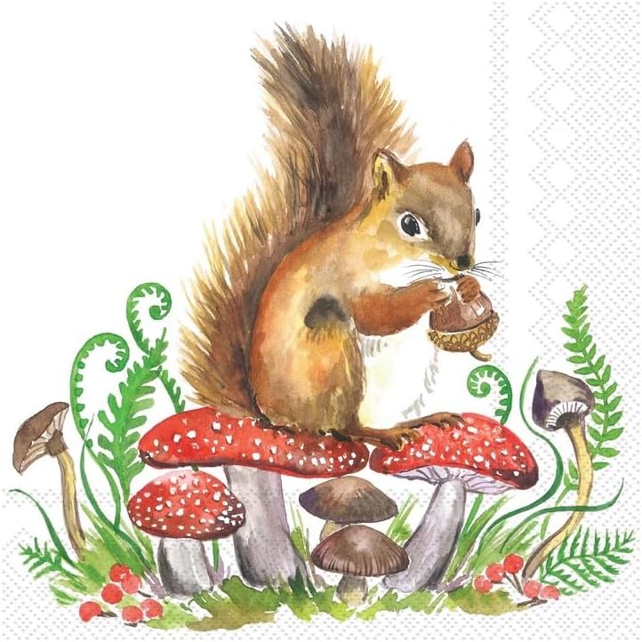 IHR Ideal Home Range Cocktail Napkins Disposable 3-Ply Paper Party Napkin Pack, 5" x 5", Squirrel and Mushrooms, 20-Count
