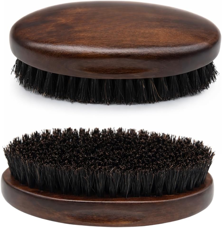 Beard Brush for Men, Natural Boar Bristles, Black Oval Wave Brush, Warp Resistant Wood Handle, for Fuller Thicker Hair, Beard & Mustache Growth, Exfoliation (Brown)