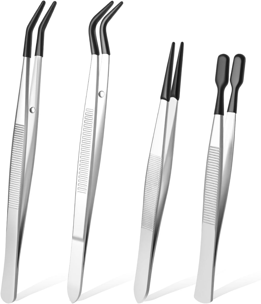 Stainless Steel Rubber Coated Tweezers, 4 PCS Tweezers with Rubber PVC Coated Set Rubbers Straight Flat Tip Long Bent Tweezer Rubbers Straight Tip Tweezer for Crafting Stamp Jewelry Industrial Lab