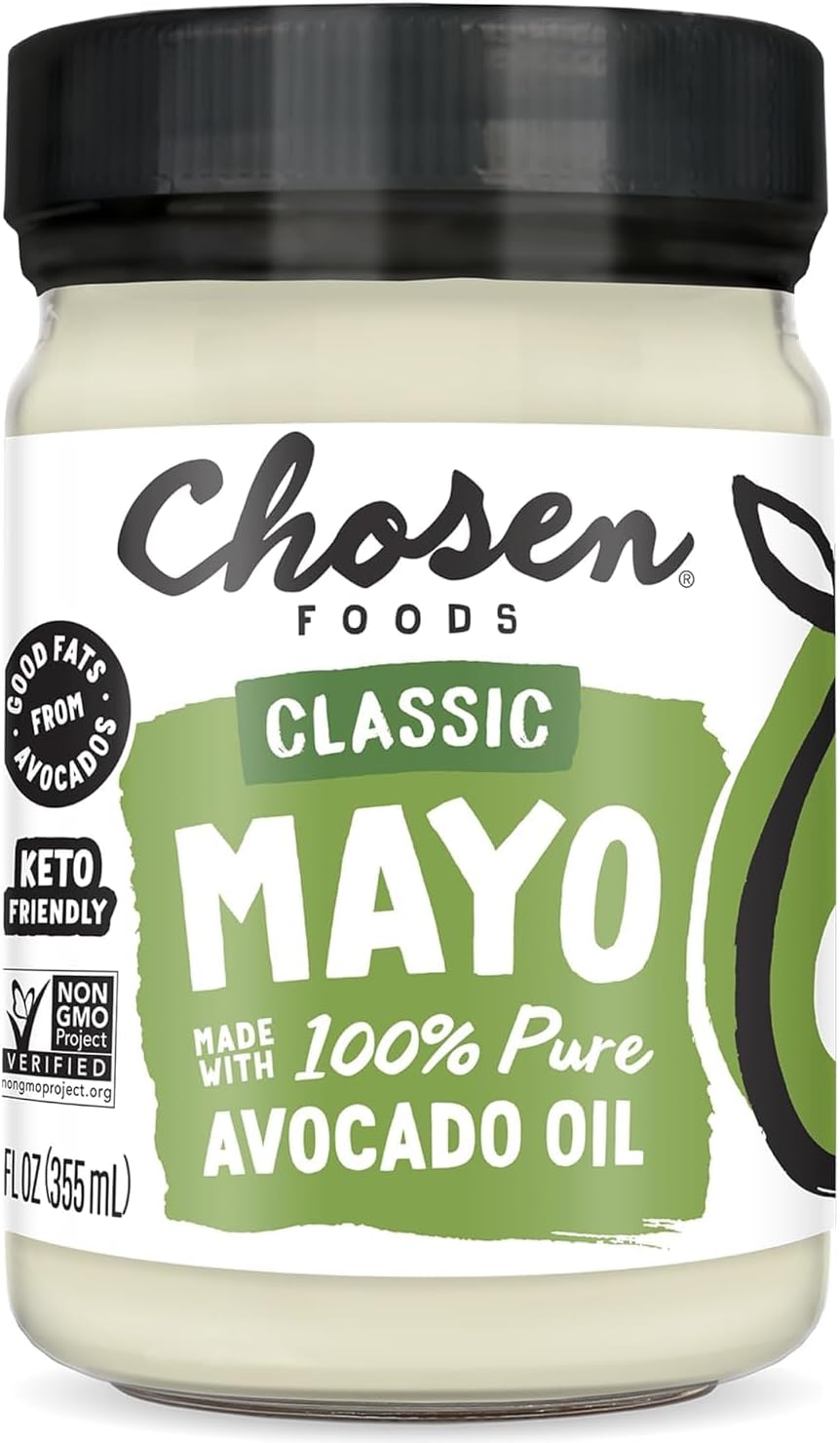 Chosen Foods Classic Mayo, 12 Fl Oz - 100% Pure Avocado Oil-Based Mayonnaise - Non-GMO, Gluten-Free, Keto Friendly - 355mL Glass Jar (Pack Of 1)