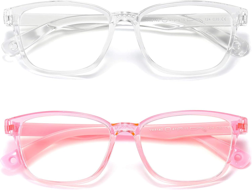 Kids Blue Light Blocking Glasses 2 Pack, Anti Eyestrain & UV Protection, Computer Gaming TV Phone Glasses for Boys Girls Age 3-9 (Clear+Transparent Pink)