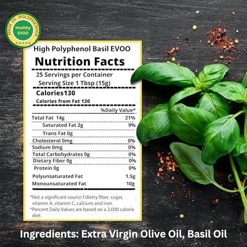 M.G. PAPPAS High Polyphenol Rich Basil Infused Olive Oil - Extra Virgin Olive Oil - Over 500mg/kg - Cold Pressed & Unfiltered - High Hydroxytyrosol Greek Olive Oil - Award Winning