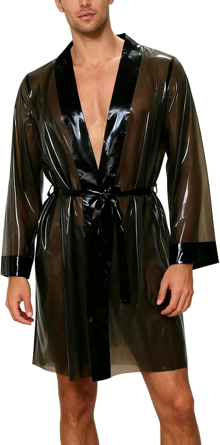 Latex Dress Rubber Night Robe With Tie Lacing,Clear Black Latex Robe for Women Men Costumes Handmade