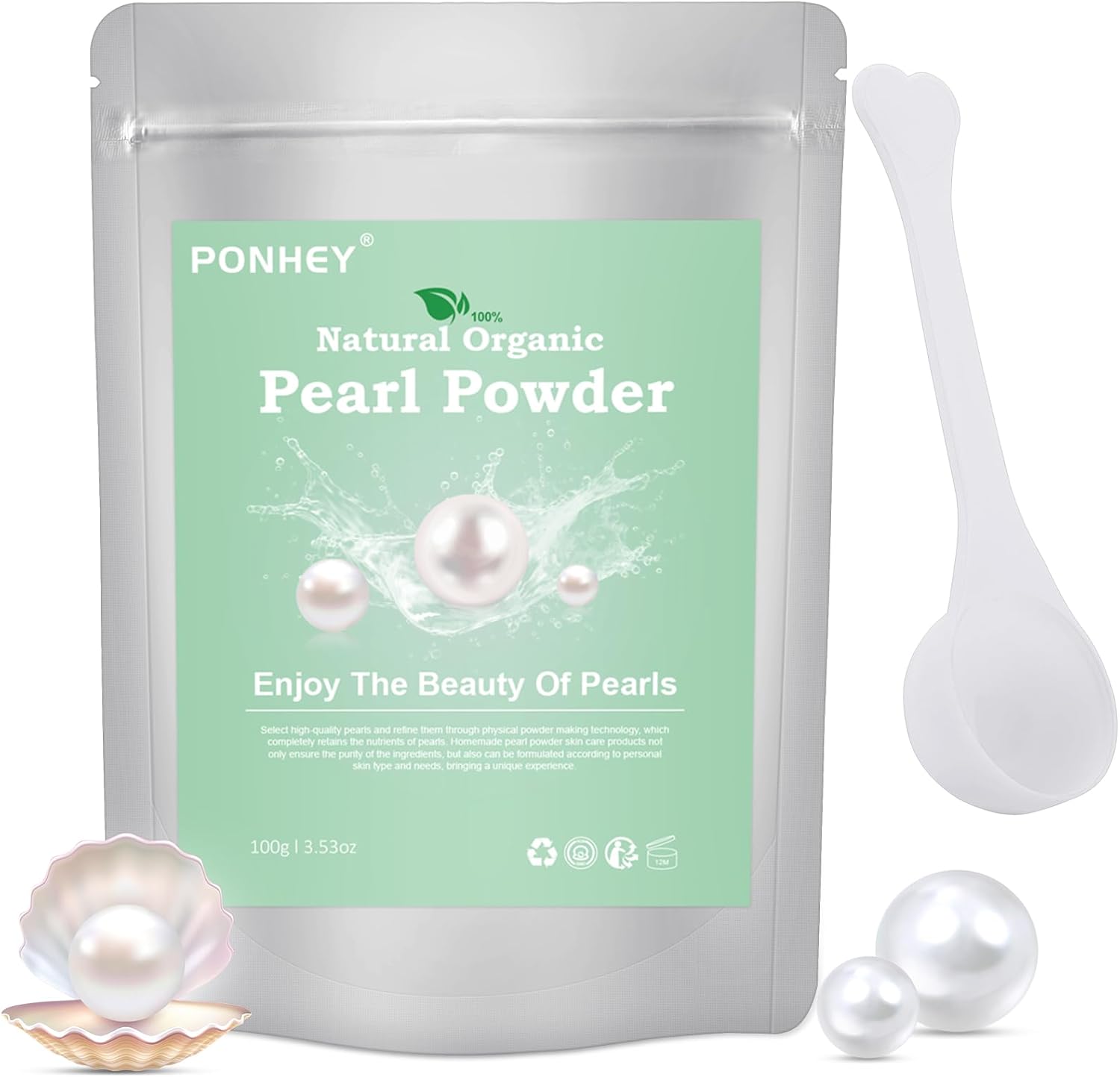 Ponhey Freshwater Pearl Powder Organic, 100% Natural Pearl Powder - Deep Cleansing, Pore-Shrinking, Anti-Aging Mask 100g (3.53oz)