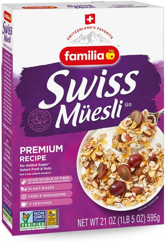 Familia Swiss Muesli Cereal, Premium Recipe with Spelt Flakes, Krispies, Fruit and Nuts, 0g Added Sugar, 21 Ounce (Pack of 6)