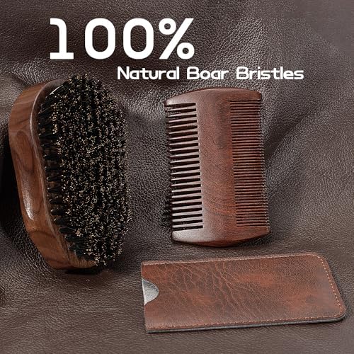 3PCS Beard Brush Comb Set for Men, Black Walnut Wood Dual Beard Comb & Case, Men's Natural Wooden Mustache Brush Kit - Medium Hardness