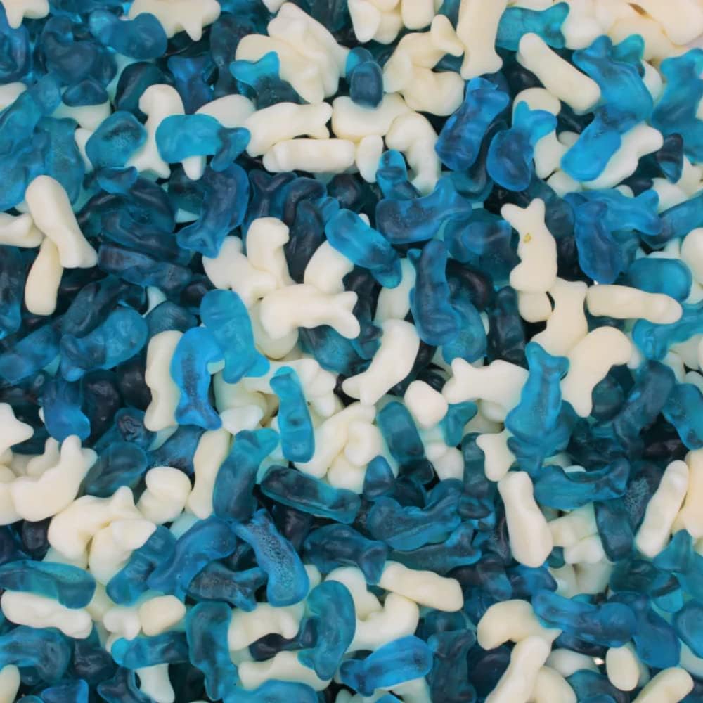 Mini Blue and White Jelly Dolphins 500 gram bag (1/2 kilo)