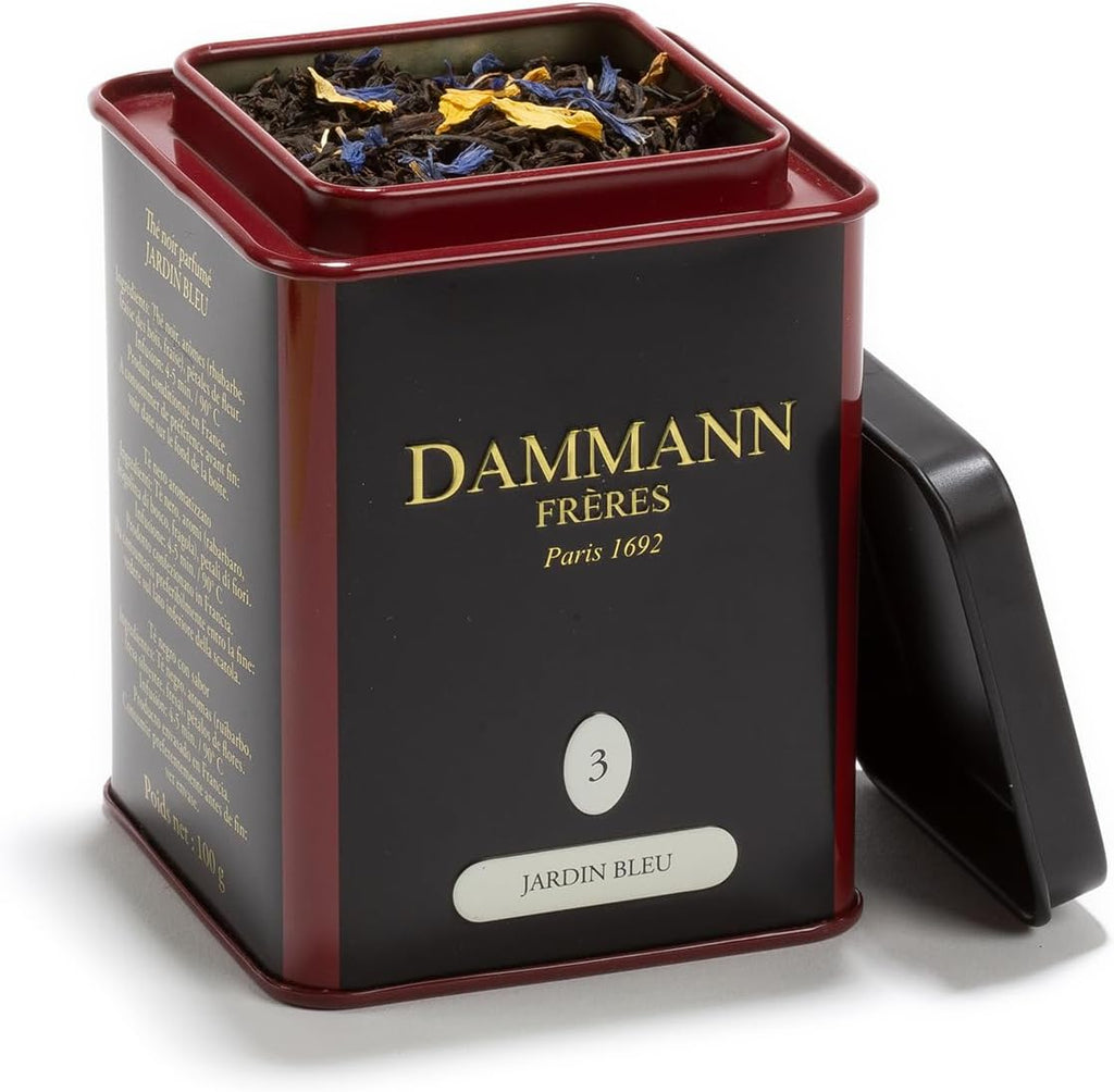 Dammann Freres Loose Leaf, Jardin Bleu, Premium Gourmet French Black Tea, Blend Strawberry, Rhubarb Flavors, 3.52 Ounce Tin