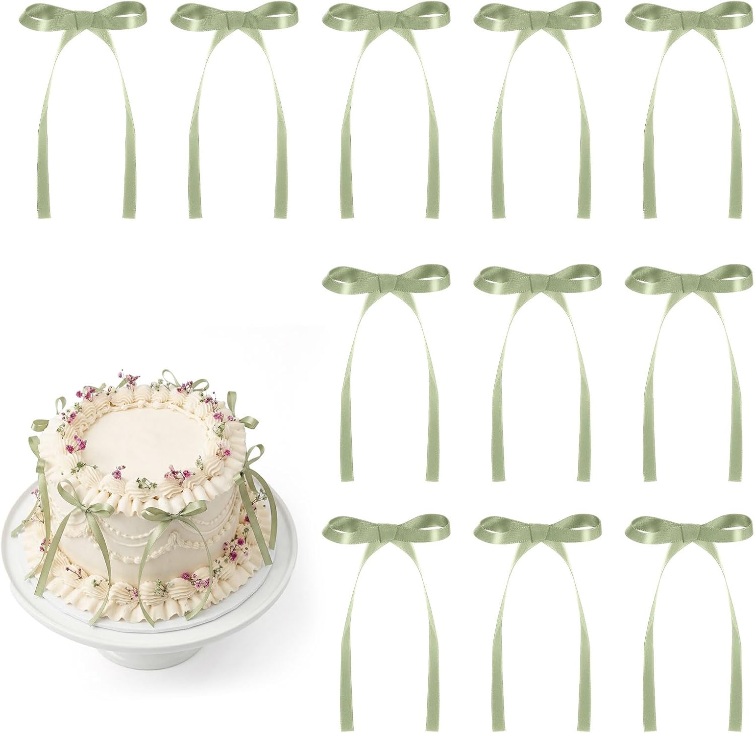 30 Pack Bow Cake Toppers Sage Green Ribbon Bows for Cake Bow Cupcake Toppers Light Green Bow Birthday Decorations for Wedding Bridal Shower Baby Shower Birthday Party Decorations