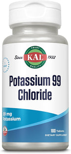 KAL Potassium 99 Chloride - 99 mg Potassium Chloride Supplement Pills, Electrolytes Tablets for Overall Health for Women and Men - 100 Tablets