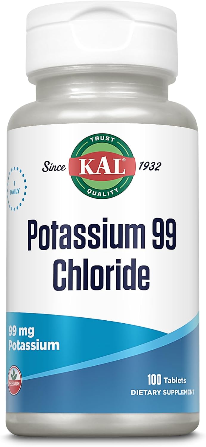KAL Potassium 99 Chloride - 99 mg Potassium Chloride Supplement Pills, Electrolytes Tablets for Overall Health for Women and Men - 100 Tablets