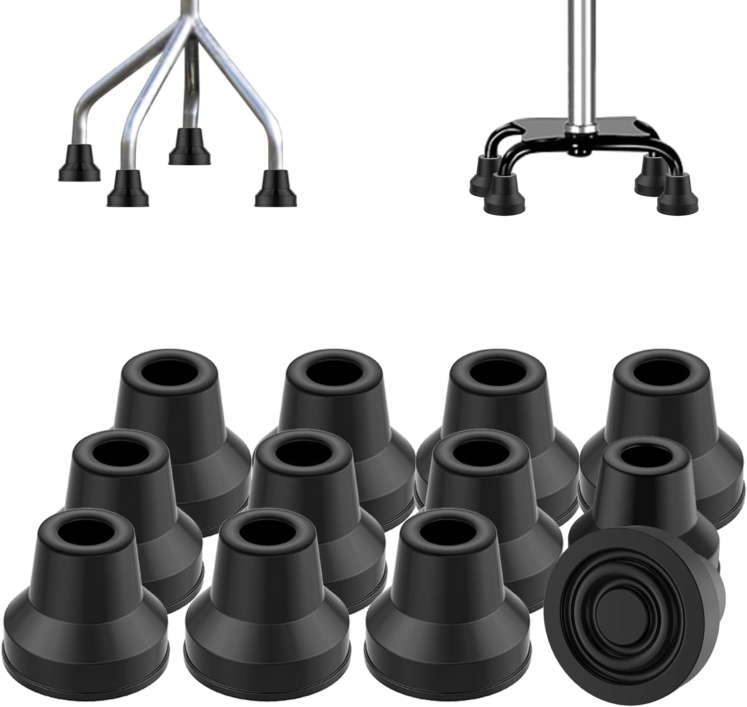 supregear Quad Cane Tips (Set of 12), Rubber Heavy Duty Non-Slip Extreme Grip Cane Replacement Foot - Accessories for Walking and Standing Stick for Women Men Seniors Elderly