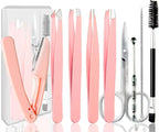 Tweezers Kit Tweezer for Women Facial Hair Removal Tweezers Professional Tweezers Set Eyebrow Tweezer, [9+1 PCS] AProfessional Stainless Steel Eyebrow for Women &Men, Pink Beauty Sets