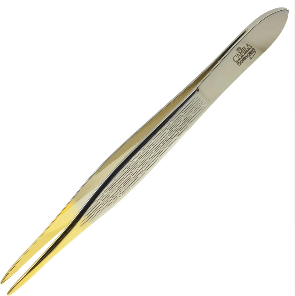 CS32 3 1/2" Gold Tipped, Surgical Grade, German Carbon Steel Tweezers (Pointed) - Flawless Eyebrow and Facial Hair Shaping and Removal for Men/Women