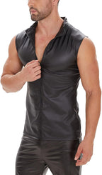Men Sexy Leather Tank Top, Soft Matte, Plus Size, Male Shiny Vest, Black